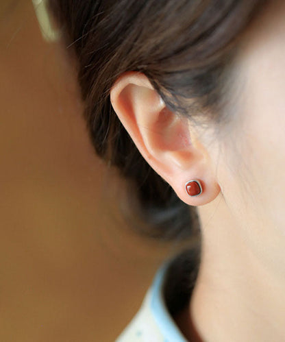 Red Sterling Silver Inlaid Agate Stud Earrings