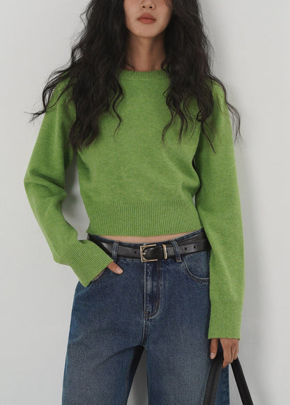 Green O Neck Knit Short Sweaters Tops Spring