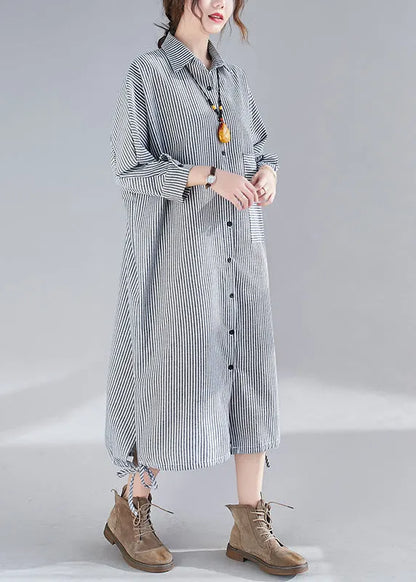 Plaid Peter Pan Collar Button Side Open Long Shirts Dress Fall