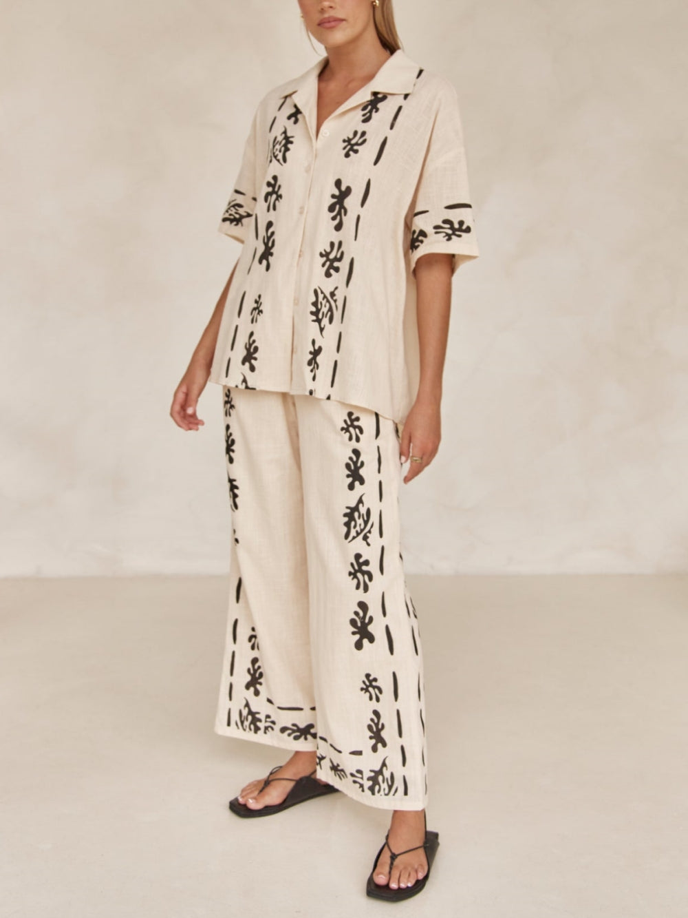 Wide Leg Black Printed Cream Pants
