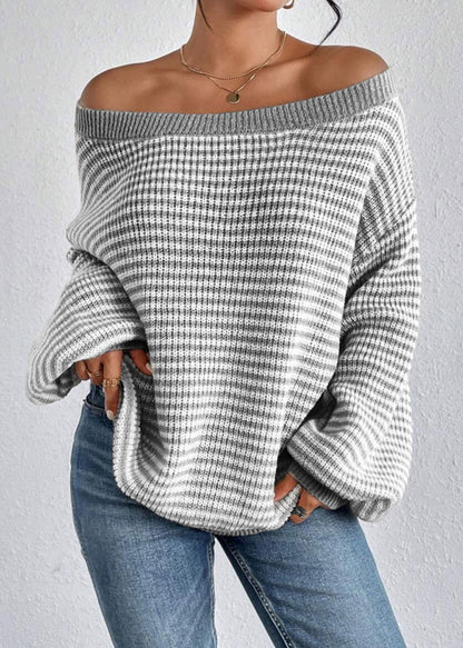 Stylish Green Slash Neck Striped Knit Sweaters Lantern Sleeve