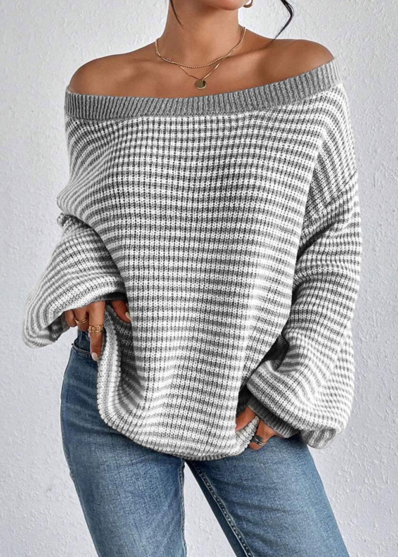 Stylish Green Slash Neck Striped Knit Sweaters Lantern Sleeve