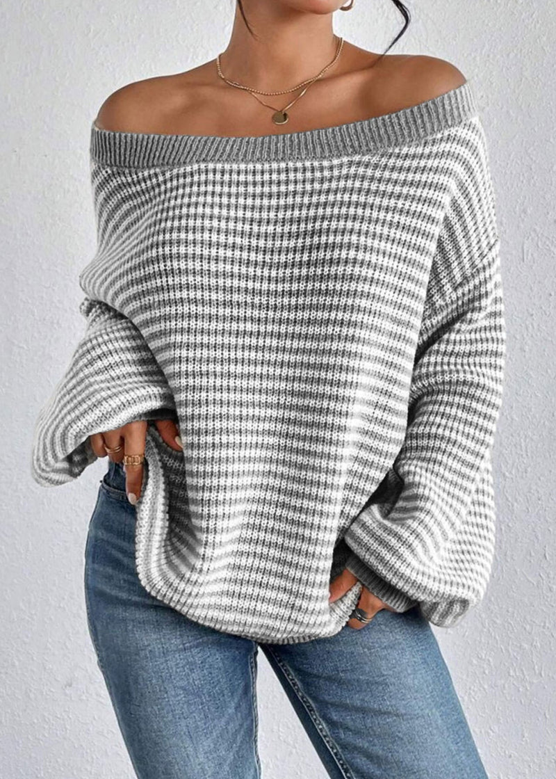 Stylish Green Slash Neck Striped Knit Sweaters Lantern Sleeve
