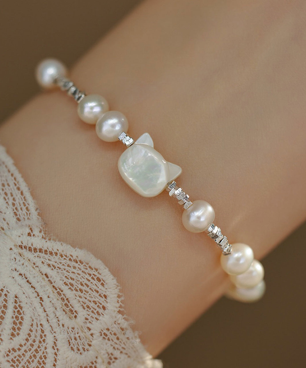 Diy White Sterling Silver Pearl Little Cats Crushed Silver Bracelet