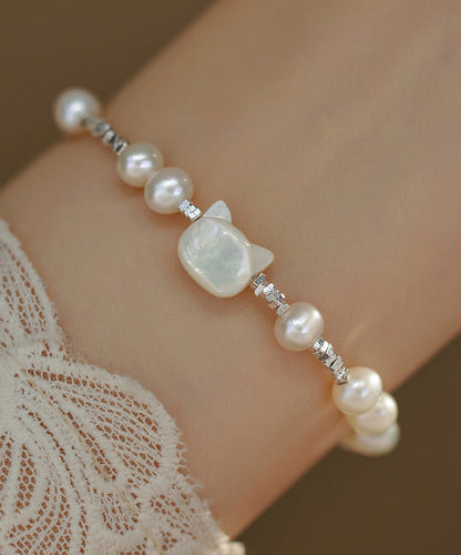 Diy White Sterling Silver Pearl Little Cats Crushed Silver Bracelet