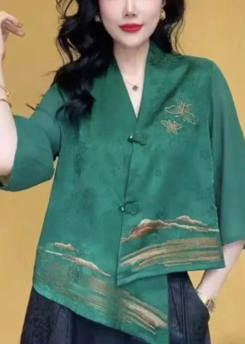 Green V Neck Button Silk Shirts Bracelet Sleeve