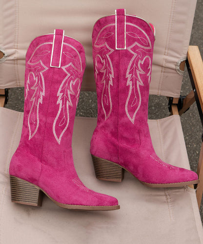 Green Pointed Toe Suede Embossed Chunky Boots