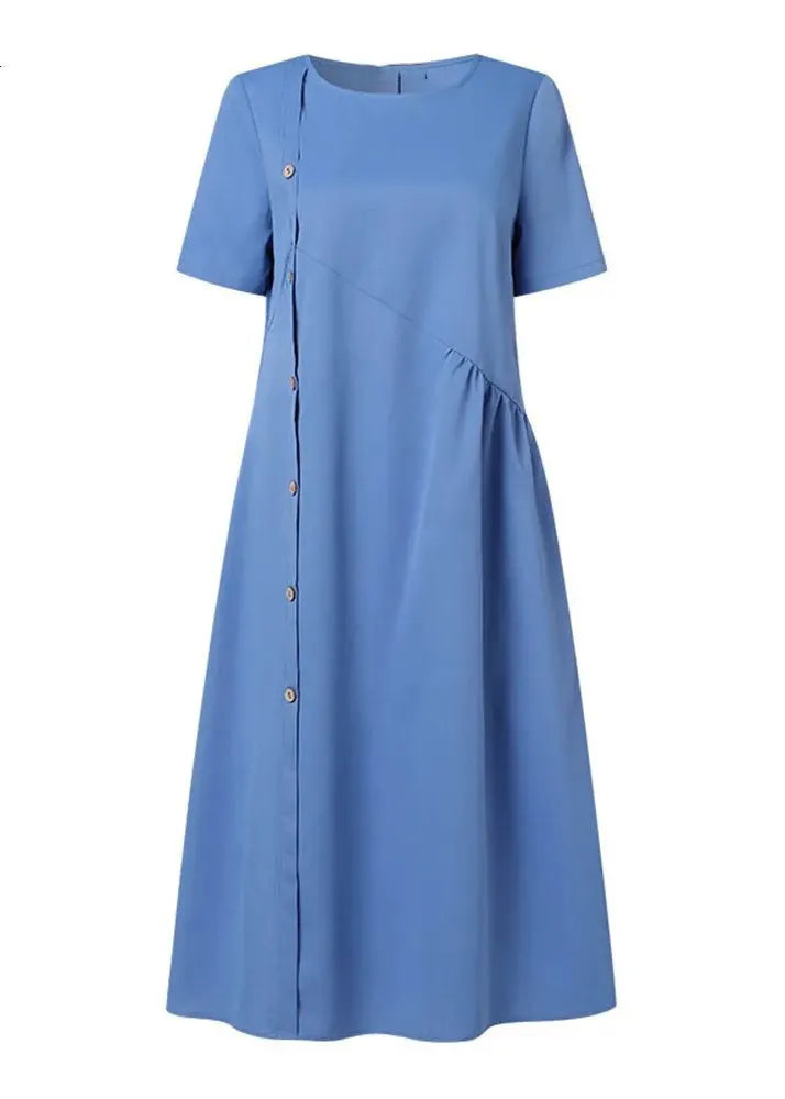 Blue O Neck Pockets Patchwork Cotton Dress Summer
