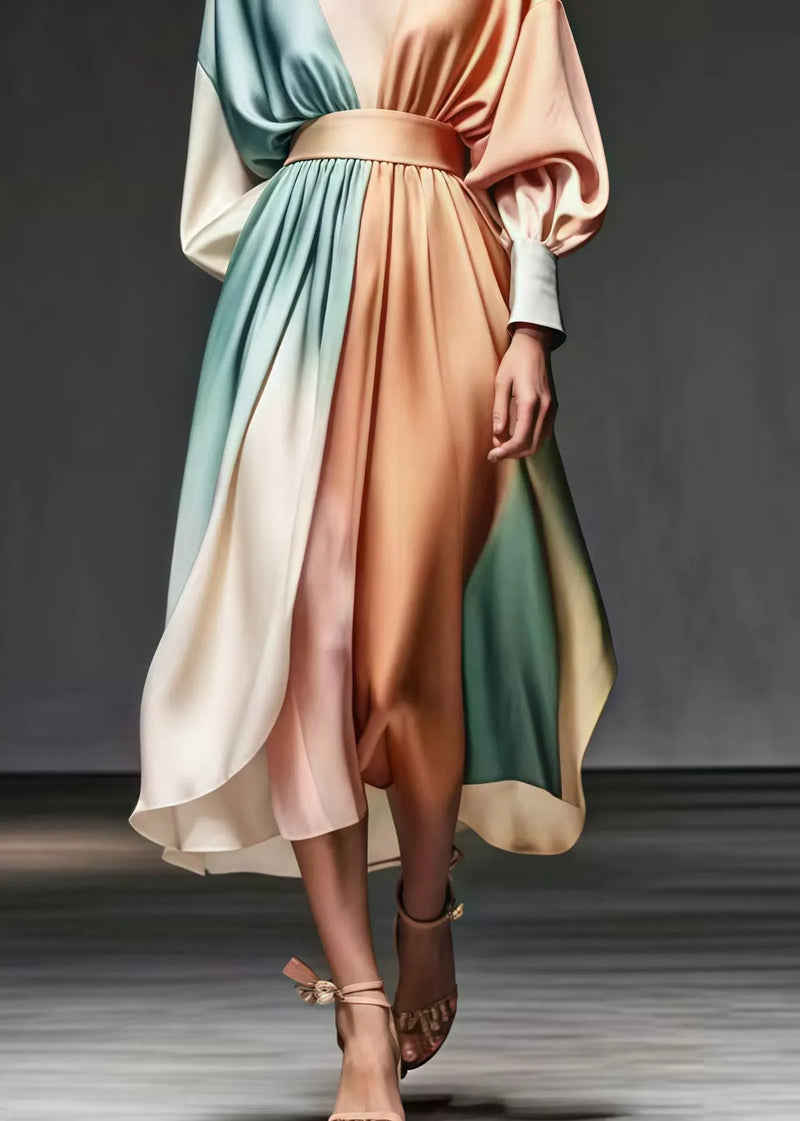Champagne Patchwork Draping Silk Dress V Neck Exra Large Hem Spring