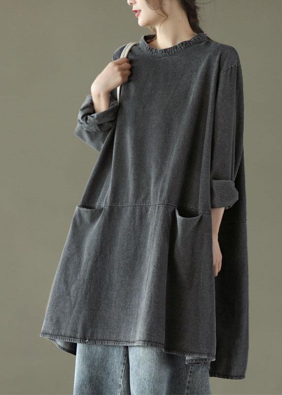 Black Grey-white Flowers O-neck Pockets Denim Long Dresses Long Sleeve
