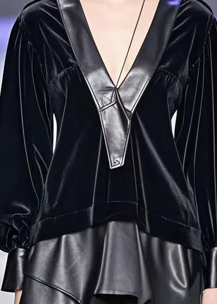 Black Asymmetrical Faux Leather Patchwork Silk Velour Shirt Top Fall