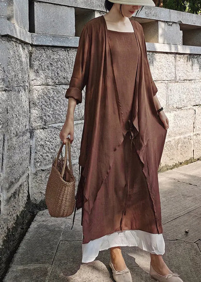 Brown Cotton Upf 50+ Long Cardigan Asymmetrical Long Sleeve