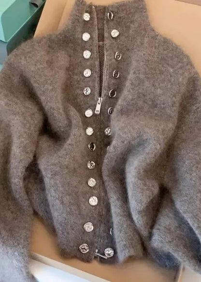 Grey High Neck Zip Up Woolen Knit Cardigans Spring