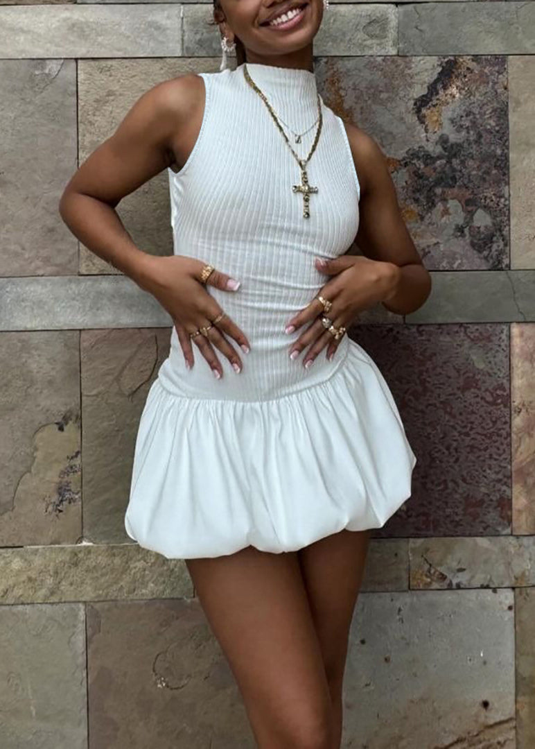 Stylish White Backless Patchwork Cotton Mid Dress Sleeveless