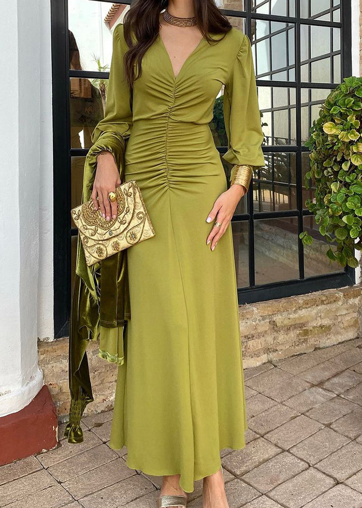 Green V Neck Wrinkled Chiffon Dress Long Sleeve