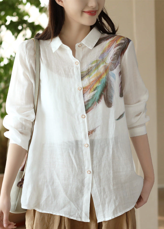 White Peter Pan Collar Print Ramie Shirts Spring