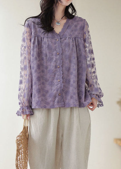 Boutique Purple V Neck Embroidered Patchwork Lace Top Long Sleeve