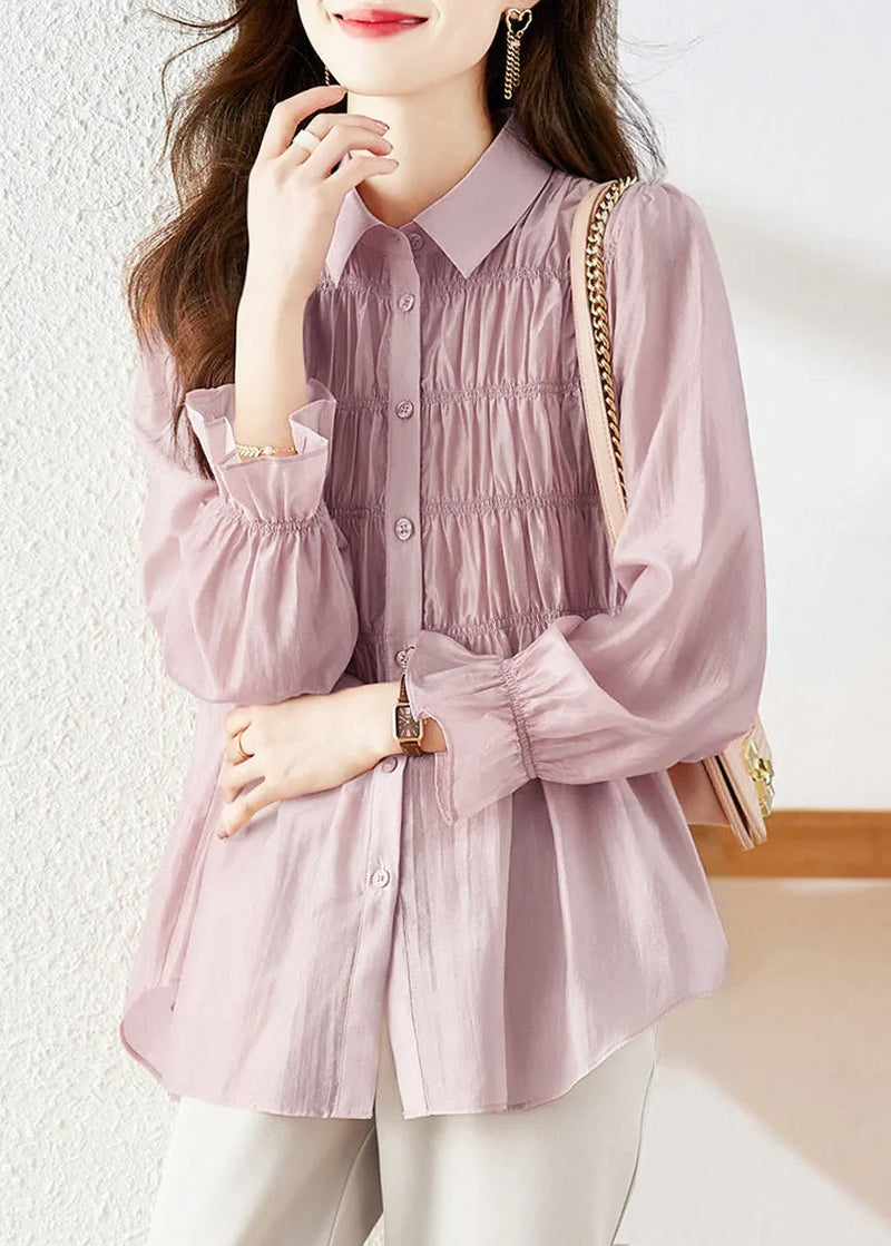 Simple Light Purple Peter Pan Collar Wrinkled Patchwork Button Silk Shirts Long Sleeve