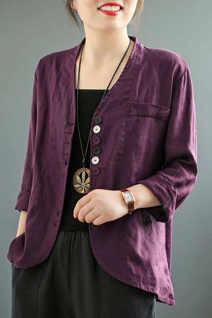 - Color Cotton Linen Short Coat Long Sleeve Cardigan