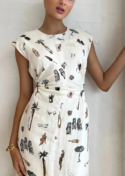 White O-neck Print Elastic Waist Linen Dress Sleeveless