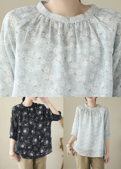 Blue O-neck Patchwork Ramie Shirts Half Sleeve