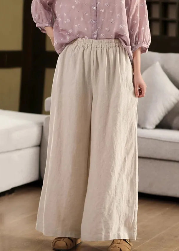 Beige Pockets Loose Linen Wide Leg Pants Elastic Waist Summer