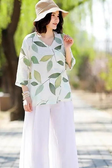 Green Print Cotton Linen Summer Tops Loose Blouse