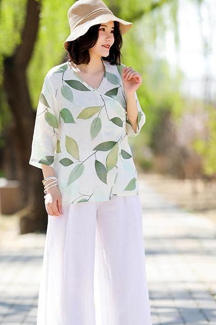 Green Print Cotton Linen Summer Tops Loose Blouse