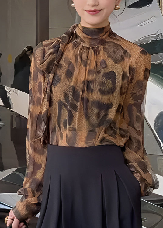 Leopard Print Bow Lace Up Chiffon Shirt Tops Spring