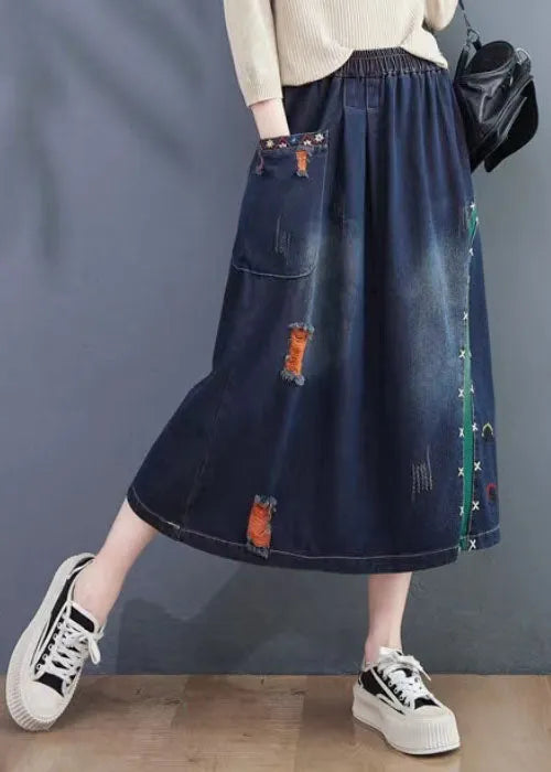 Art Navy Embroidered Hole Summer Denim Skirt