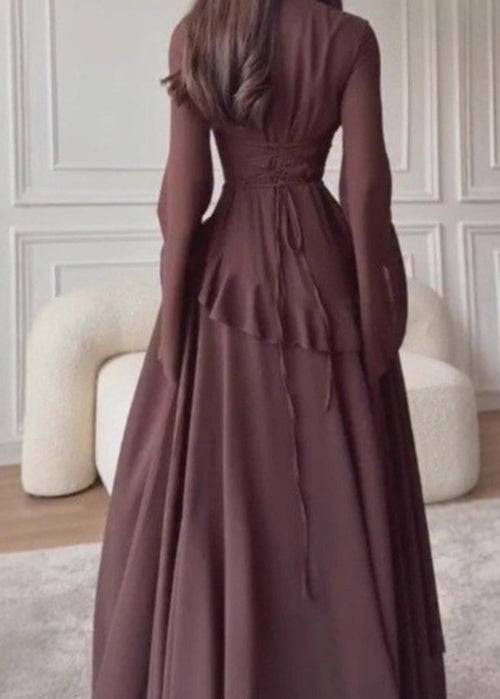 Classy Coffee O Neck Ruffled Cotton Maxi Dress Flare Sleeve