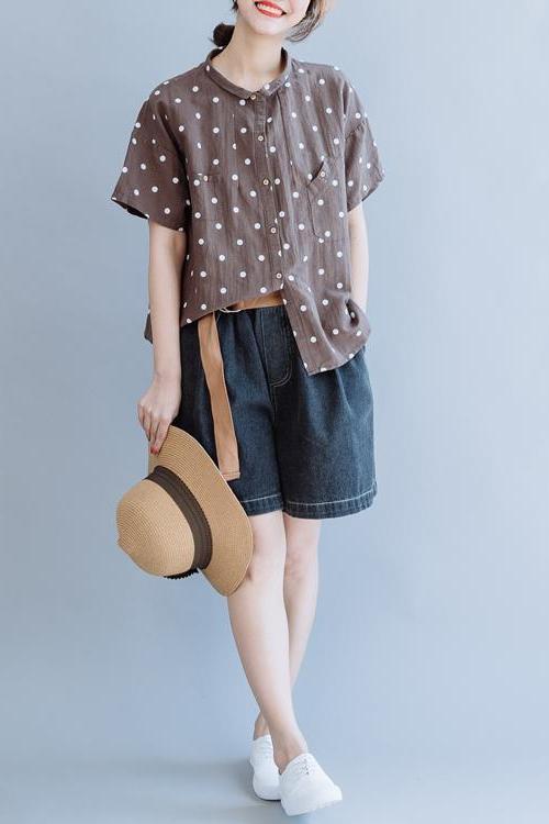 Coffee Cotton Linen Blouse Loose Tops for Summer