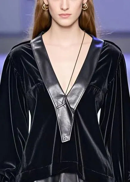 Black Asymmetrical Faux Leather Patchwork Silk Velour Shirt Top Fall