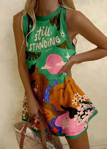 White O Neck Print Patchwork Cotton Mini Dresses Sleeveless