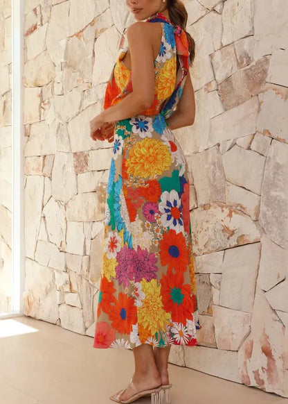 Orange Print Halter Slim Fit Cotton Dresses Sleeveless
