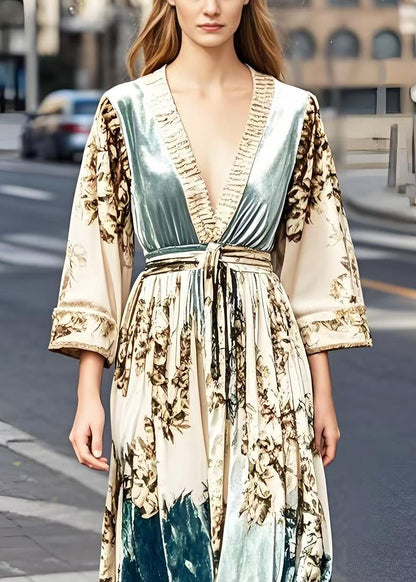 Apricot Print Exra Large Hem Silk Velvet Vacation Dresses Spring