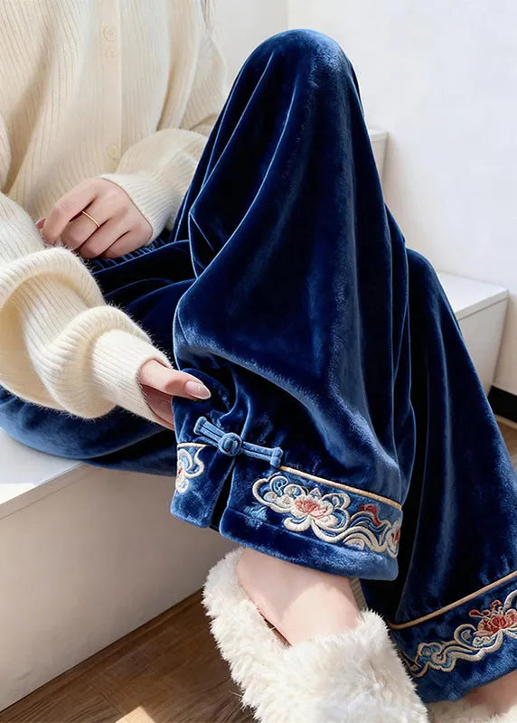 French Blue Embroidered Button Silk Velvet Pants Spring