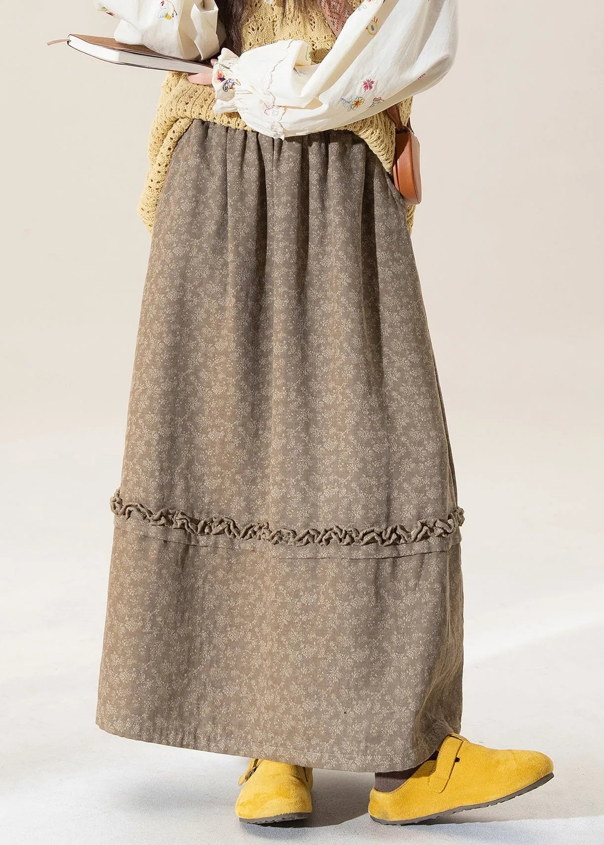 Original Coffee Ruffled Print Patchwork Cotton Skirt Winter