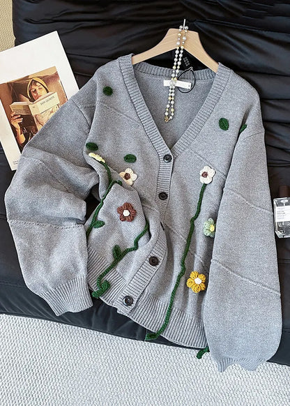 Loose Grey V Neck Button Knit Coats Fall