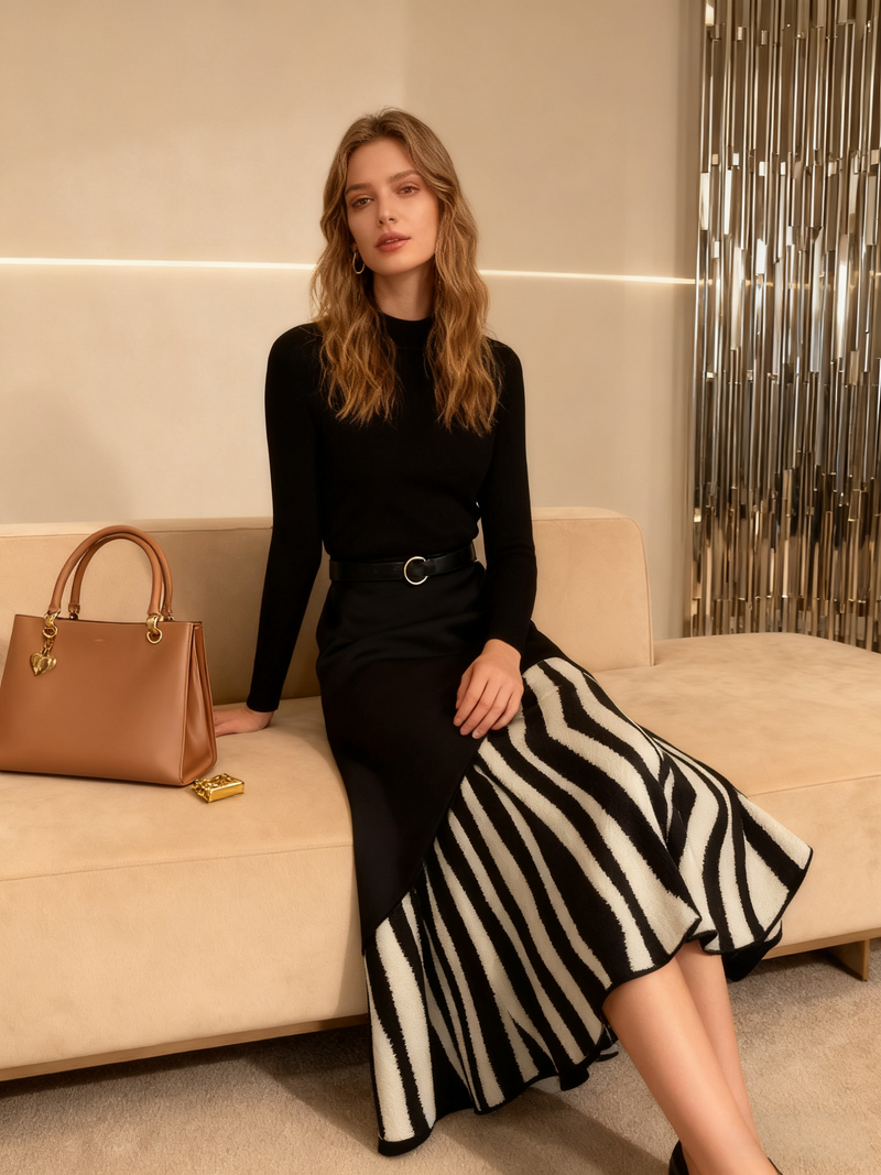 Stylish Black Zebra Pattern High Waist Patchwork Skirt Spring