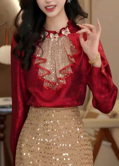 Red Ruffled Sequins Patchwork Silk Blouse Tops Fall