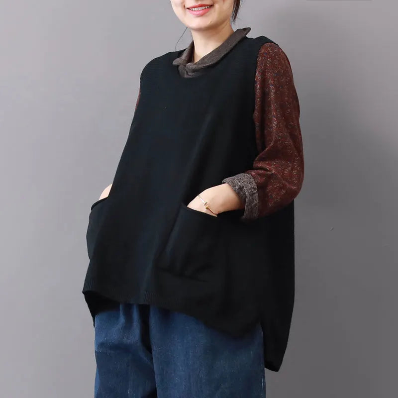 Boutique Black Sweaters Big Pockets Sweaters Sleeveless Shirt