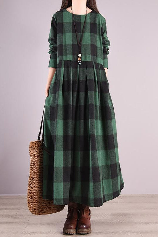 -fall Plaid Fold Patchwork Cotton Dress