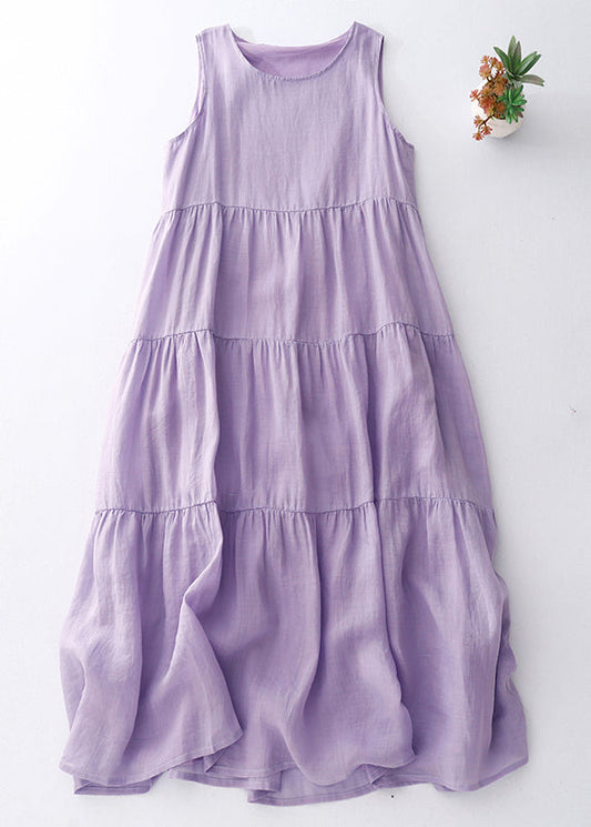 Simple Purple O-neck Cotton Long Dresses Sleeveless