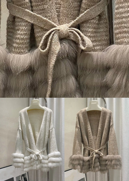 Unique Coffee V Neck Fox Patchwork Cotton Knit Cardigans Fall