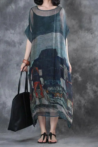 Limited Stock- Summer Short Sleeves Loose Prints Dress(two Pieces)