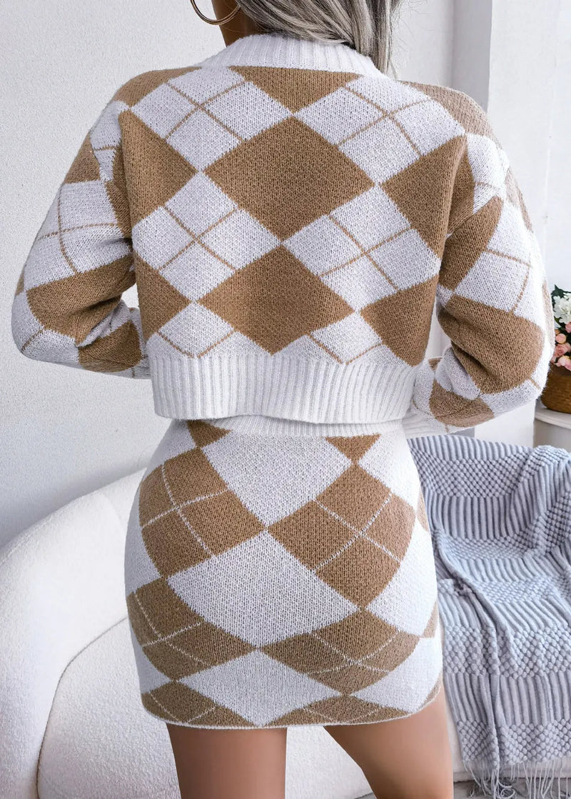 Khaki O Neck Geometric Knit Two Pieces Set Winter
