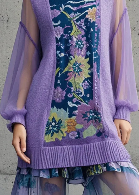 Purple Print Patchwork Tulle Long Sweaters Fall