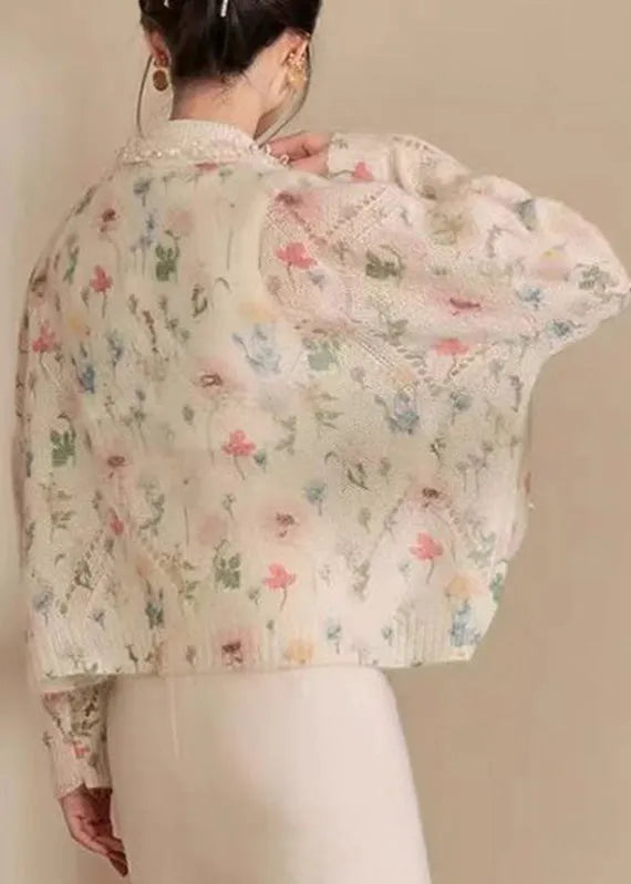 Apricot Peter Pan Collar Print Hollow Out Sequins Cotton Knit Sweaters Winter