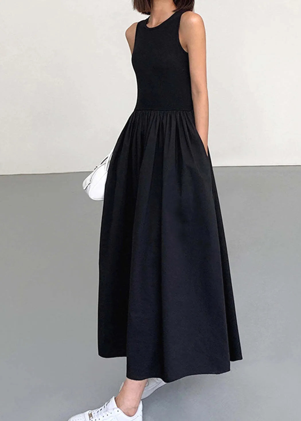 Original Black O Neck Pockets Patchwork Cotton Long Dress Sleeveless